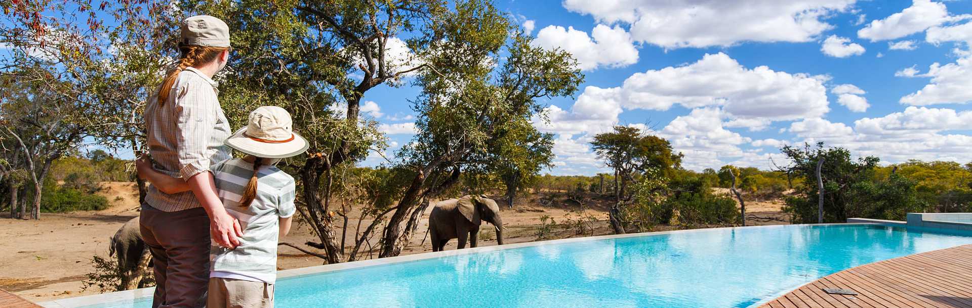 Family by the pool watching elephants at a luxury lodge in South Africa.