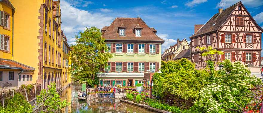 Colorful traditional houses on idyllic river in Colmar, Alsace Region, France
