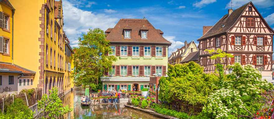 Colorful traditional houses on idyllic river in Colmar, Alsace Region, France