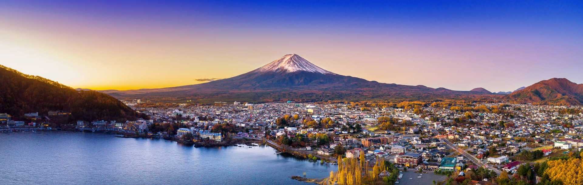 Japan Mount Fuji over Lake Kawaguchiko and town