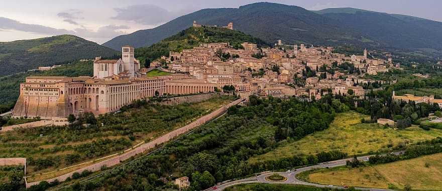 View of the city of Assisi and the Sacro Convento monastery, nowadays theological seminary, Italy