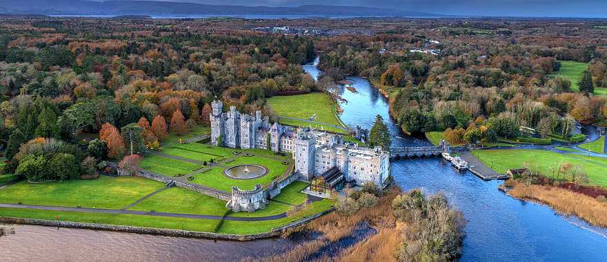 Aerial view of luxury Ashford castle and gardens in County Mayo, Ireland