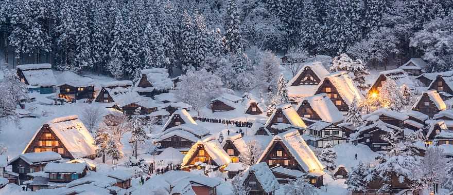 Traditional Japanese wood houses covered snow in Shirakawa-go