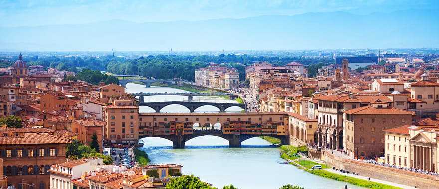 Panorama Arno river and Ponte Vecchio bridge, Florence, Italy