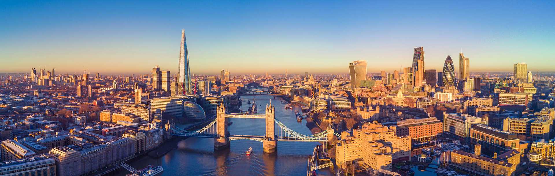 Aerial view of London with the Tower Bridge in England.
