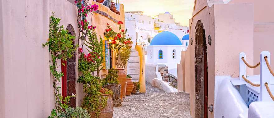 Traditional houses and church in Santorini, Greece.