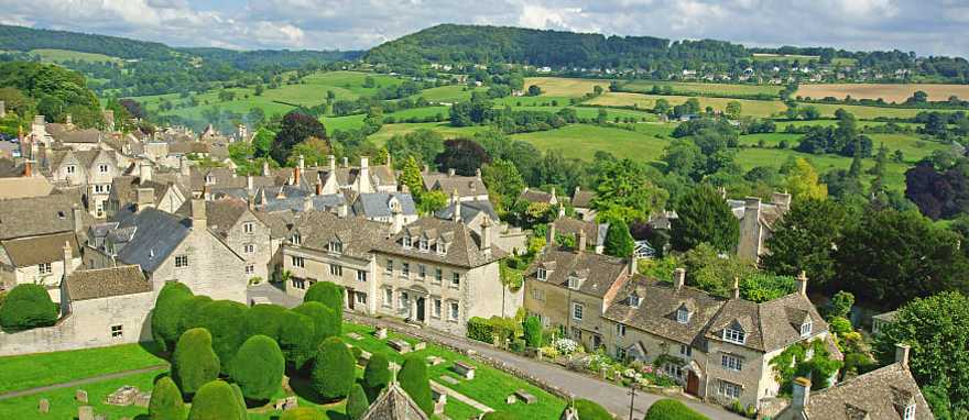 View of the village Painswick and surrounding countryside in the Cotswolds