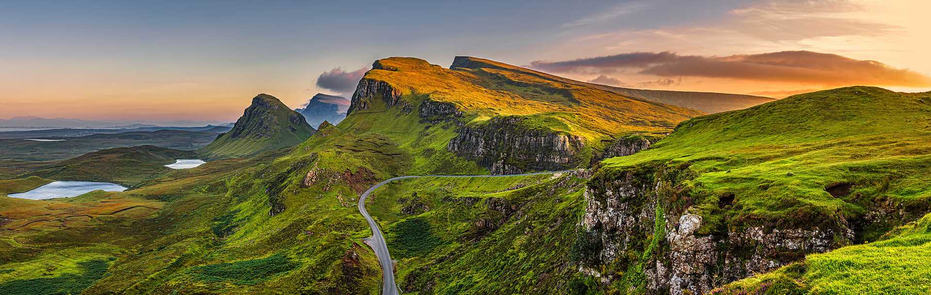 Panorama of the Quiraing mountains at sunset on the Isle of Skye in Scotland.