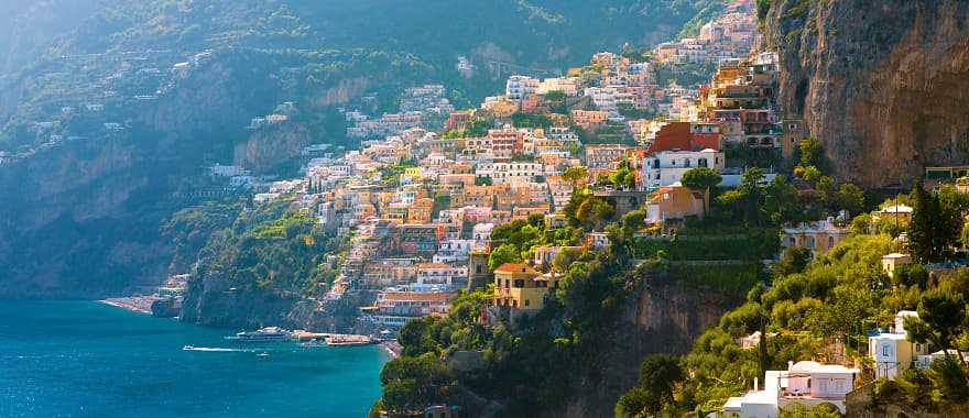 Morning view of Positano on the Amalfi Coast in Italy.
