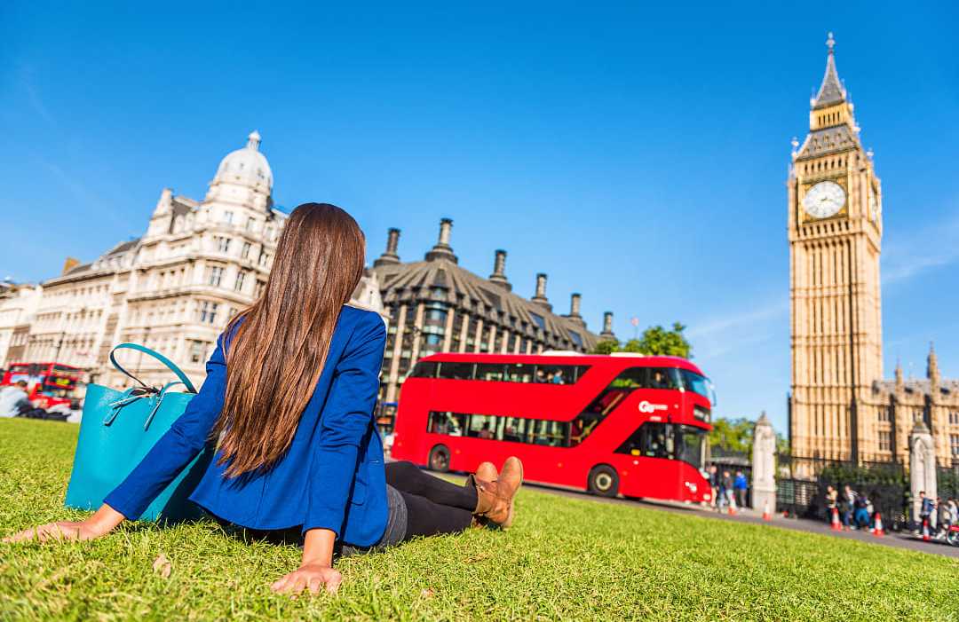 London, England Tourist with view of Bog Ben tower in London, England