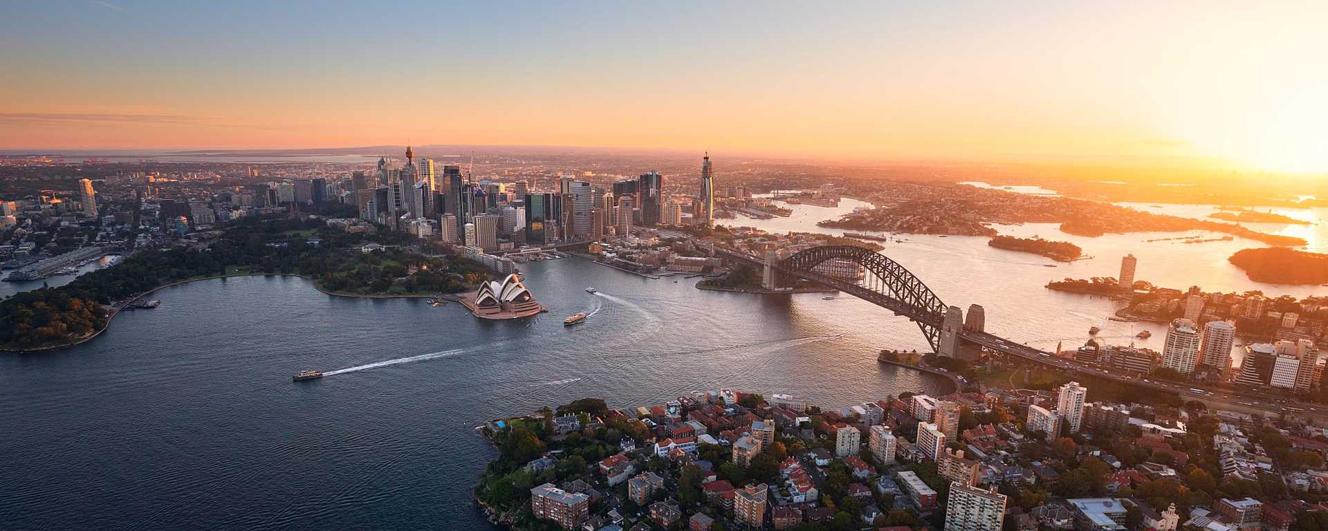 Aerial view of Sydney Harbor with the Opera House and Bridge in Australia