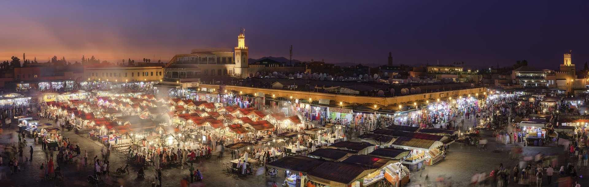 Dusk at Jemaa el-Fnaa Market in Marrakesh, Morocco.