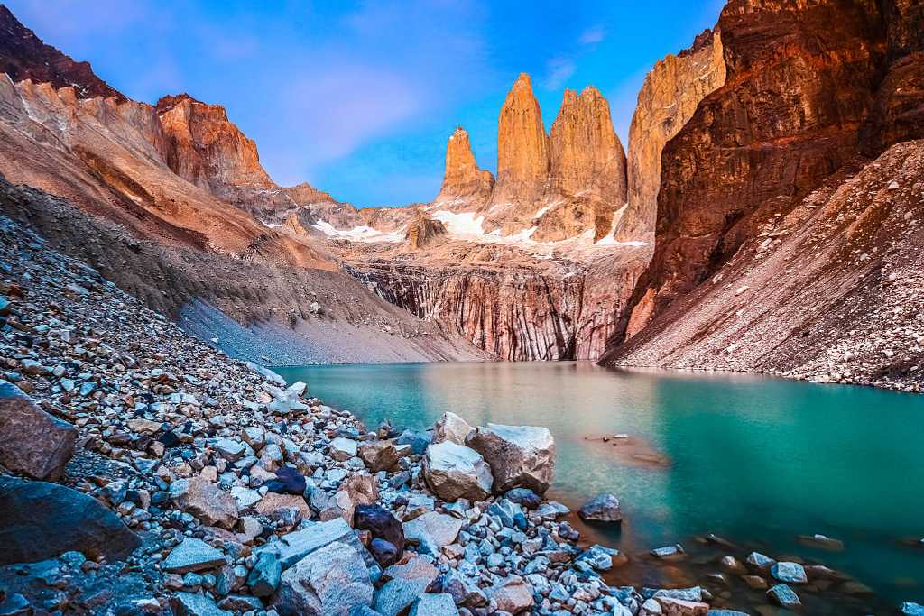 Laguna Torres with the towers at sunrise in Torres del Paine National Park, Patagonia, Chile