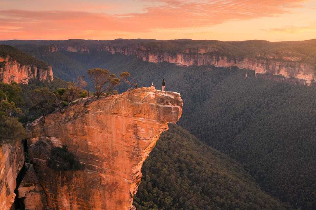 Hiker at Hanging Rock in Blue Mountains National Park, New South Wales, Australia