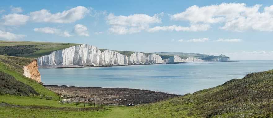 Chalk cliffs of the Seven Sisters overlooking the English Channel in East Sussex, England