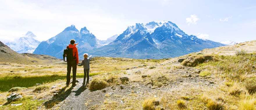 A family hiking at Torres del Paine National Park in Patagonia.