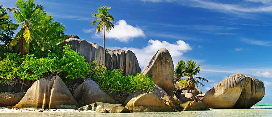 Rocky beach in the La Digue island in the Seychelles