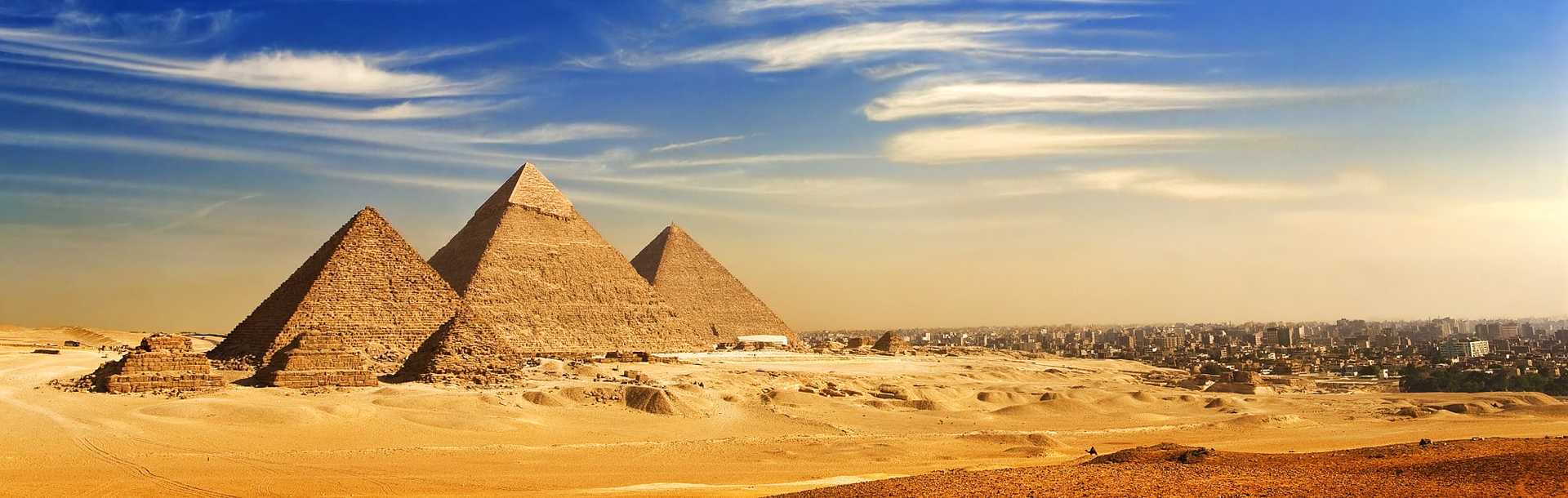 Distant view of the Great Pyramids of Giza in Egypt