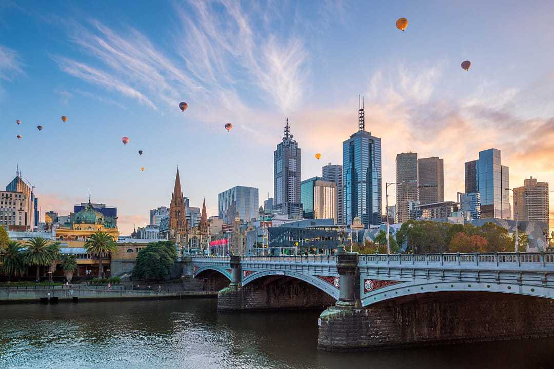 Hot air balloons over Melbourne in Australia.