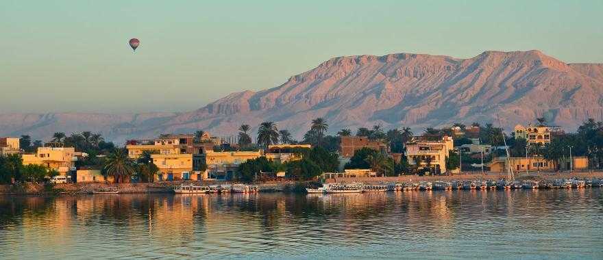 Hot air ballon over Nile river in Egypt