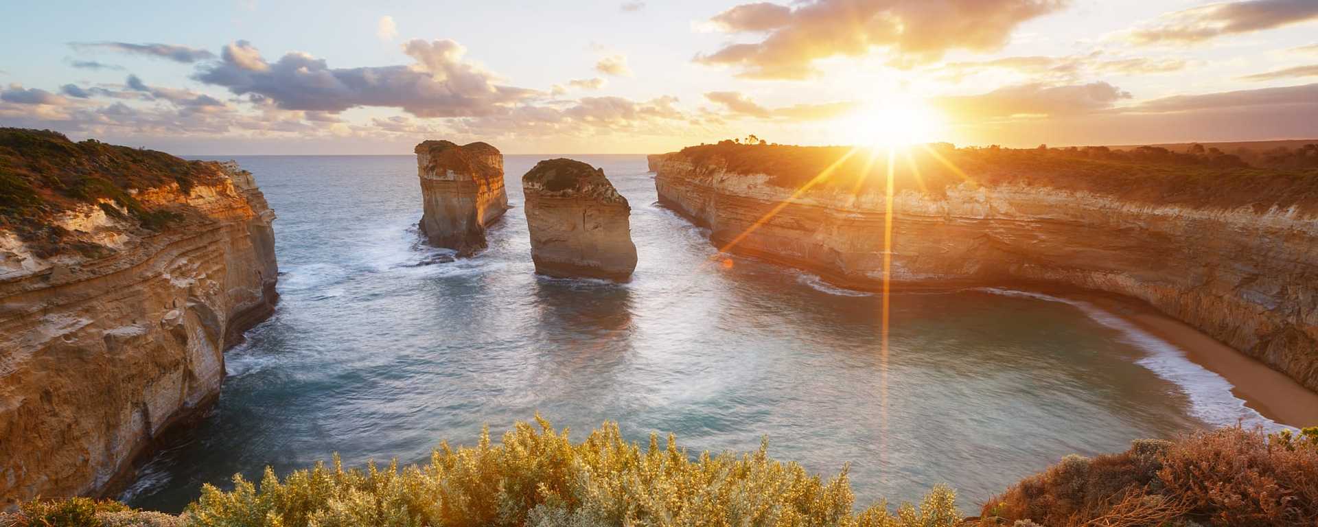 Sunsetting behind Loch Ard Gorge, part of Port Campbell National Park in Victoria, Australia