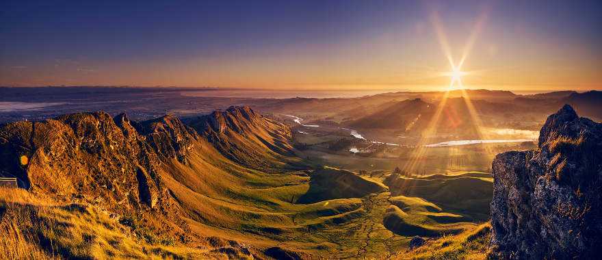 Spectacular scenery with sunset view from Te Mata Peak in Hawke's Bay, New Zealand.