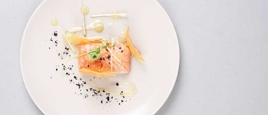 Smoked salmon and sauce cooked by molecular gastronomy technique in Barcelona, Spain