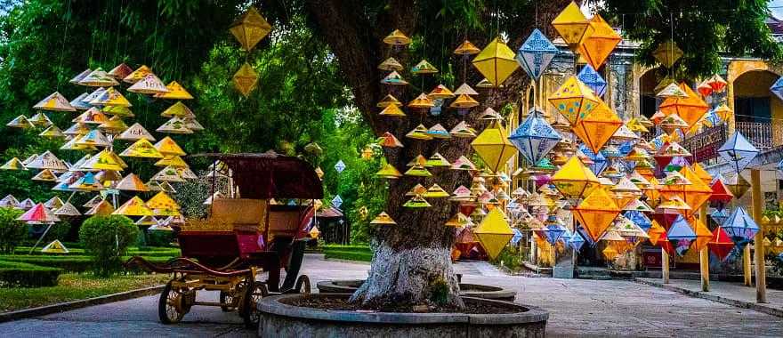 Lanterns hang in the old Imperial City of Hue, Vietnam
