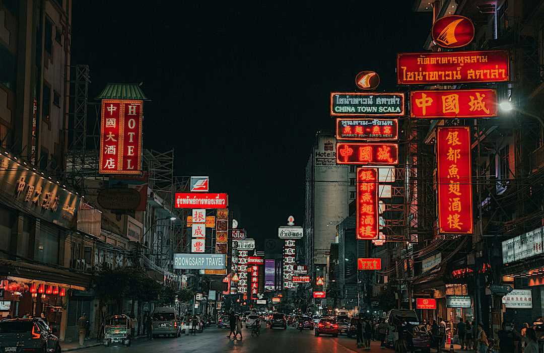 Yaowarat Road in Bangkok, Thailand Neon-lit Chinatown street where Southeast Asia's street food culture thrives
