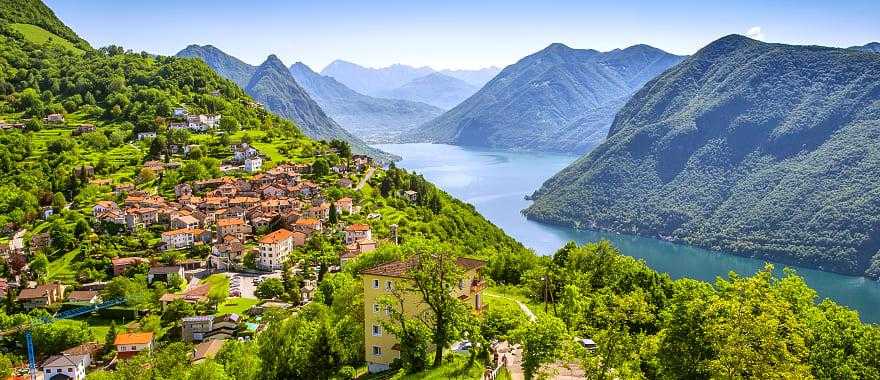 View to Lugano city, Lugano lake and Monte San Salvatore from Monte Bre, Ticino, Switzerland.
