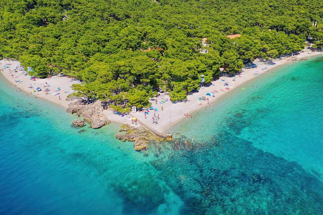 Aerial view of Punta Rata Beach in Brela, Croatia