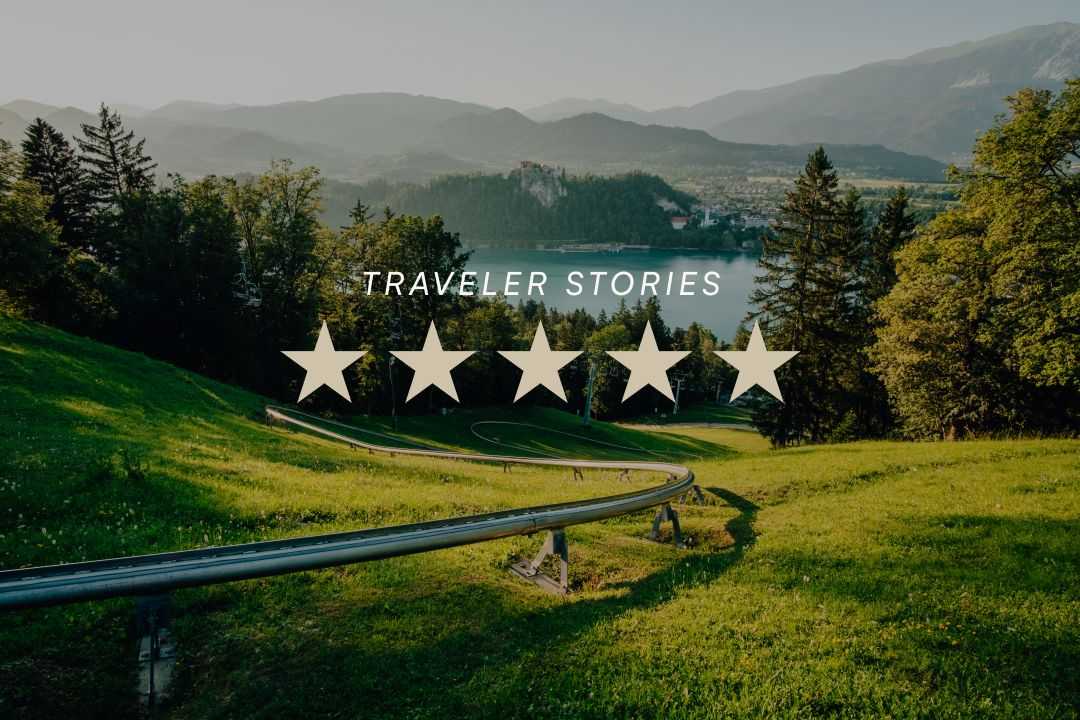 Alpine toboggan track on Straza hill overlooking Lake Bled with five-star traveler review graphic overlay