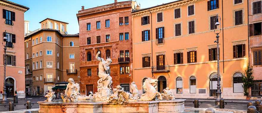 The Fountain of Neptune in Piazza Navona, Rome, Italy.
