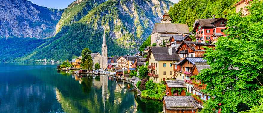 Mountain village at sunrise in Hallstatt, Austria.