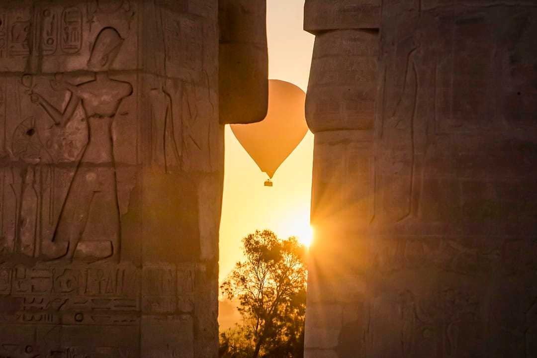 Hot air balloon above the Ramesseum Temple is located on the West Bank of Luxor