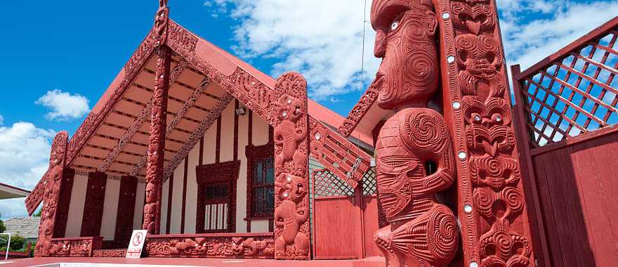 Maori carving and meeting house in Rotorua, New Zealand