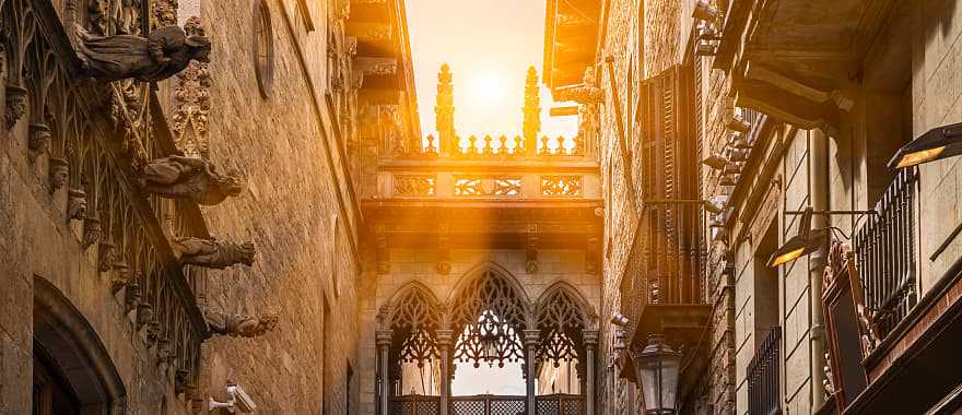 Carrer del Bisbe Bridge in Barcelona, Spain. 