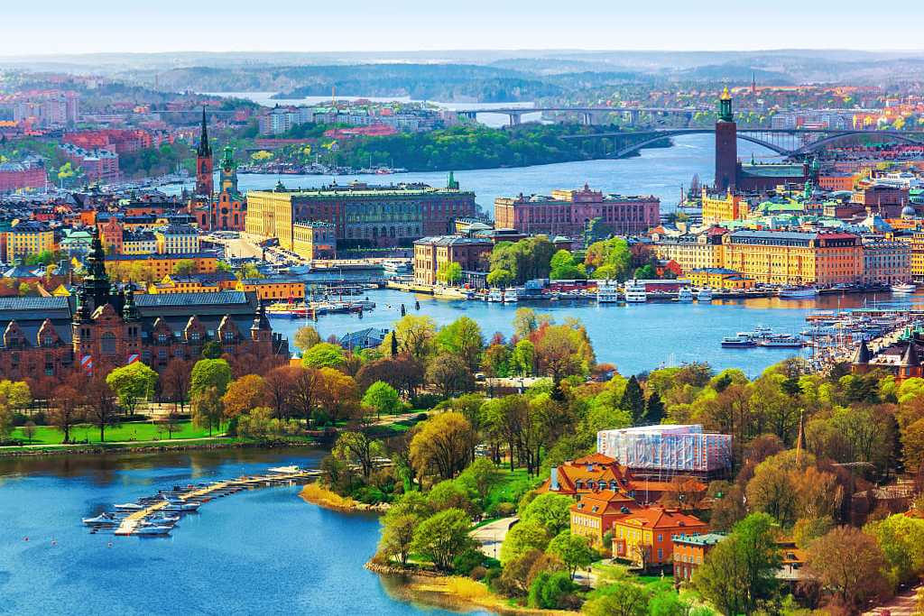 Colorful buildings, waterways and canals, in Stockholm in the summer