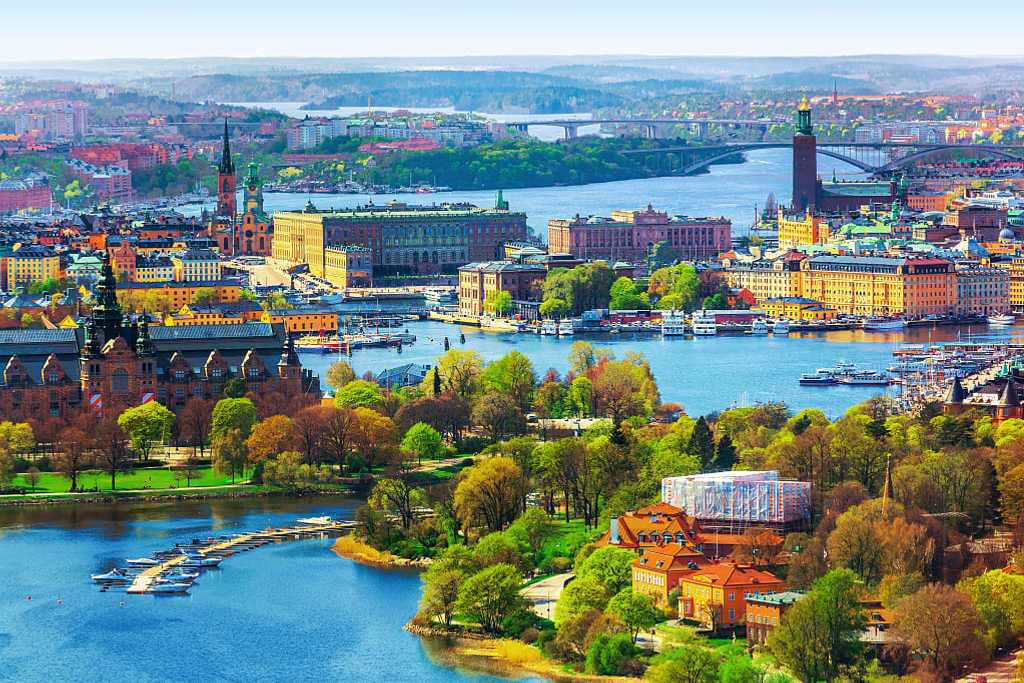 Colorful buildings, waterways and canals, in Stockholm in the summer
