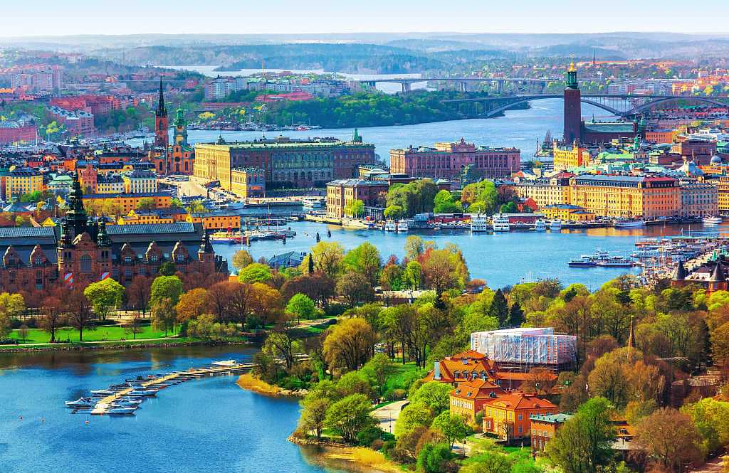 Colorful buildings, waterways and canals, in Stockholm in the summer