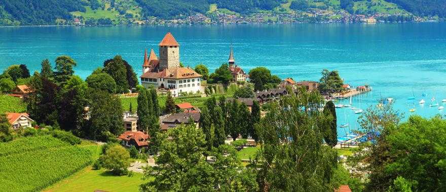 View of Spiez Castle on Lake Thun in Switzerland