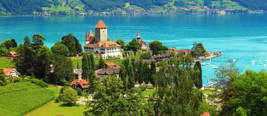 View of Spiez Castle on Lake Thun in Switzerland View of Spiez Castle on Lake Thun in Switzerland