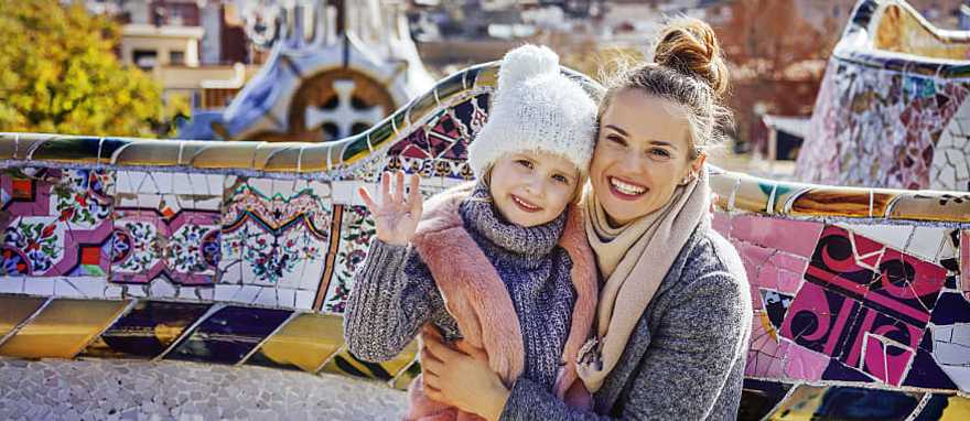 Mom and daughter at Park Guell in Barcelona, Spain Mom and daughter at Park Guell in Barcelona, Spain