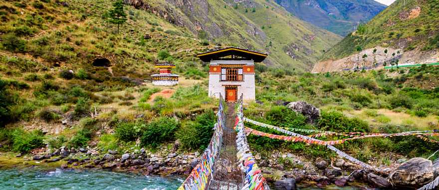 Iron chain bridge of Tachog lhakhang monastery in Paro, Bhutan Iron chain bridge of Tachog lhakhang monastery in Paro, Bhutan