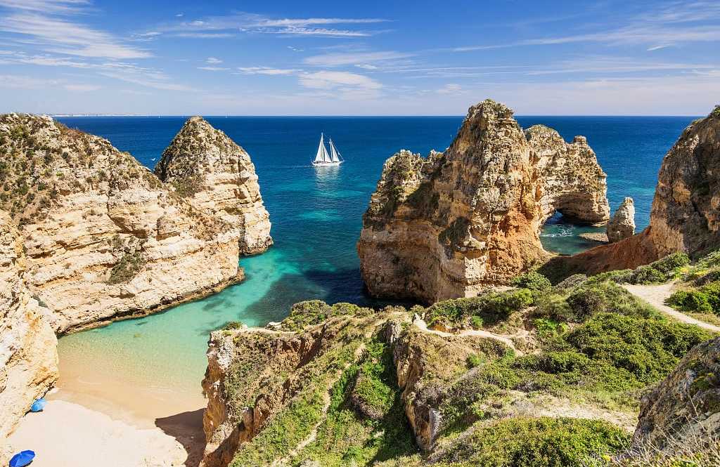 Sailing the beautiful blue bay near Lagos, in the Algarve region in Portugal
