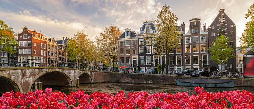 Traditional buildings along the canal in Amsterdam, Netherlands