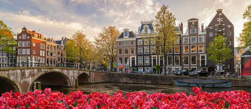 Traditional buildings along the canal in Amsterdam, Netherlands
