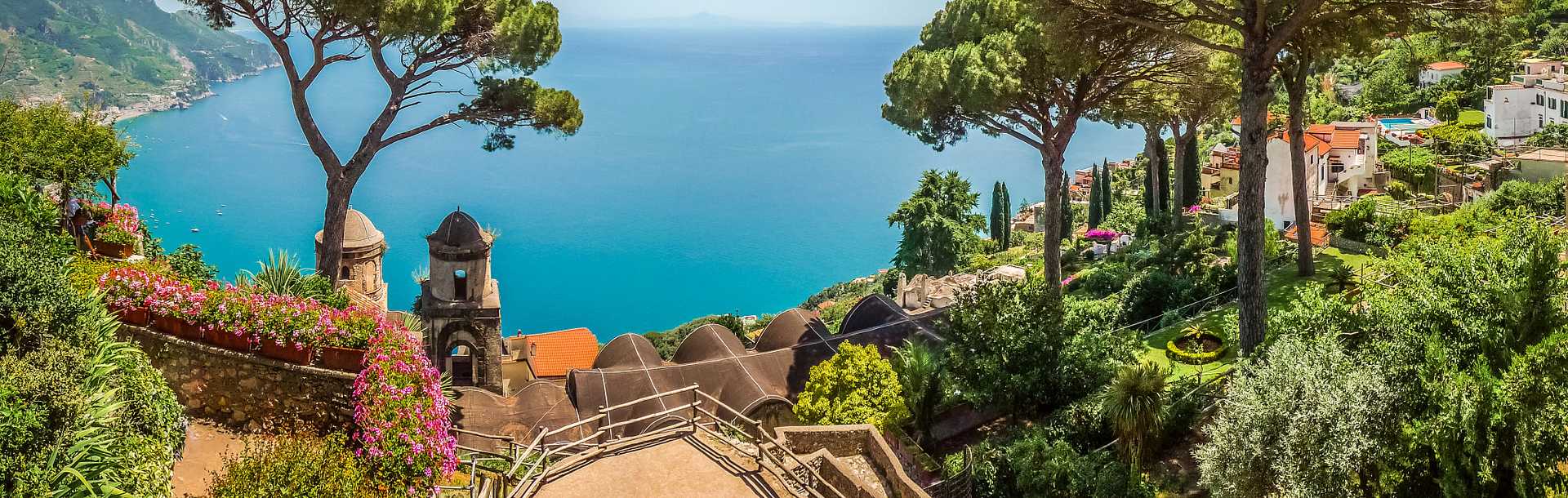 Villa Rufolo’s Gardens in Ravello with view of the Amalfi Coast, Italy