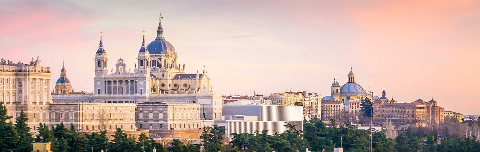 The Madrid skyline with Catedral de la Almudena in Spain.