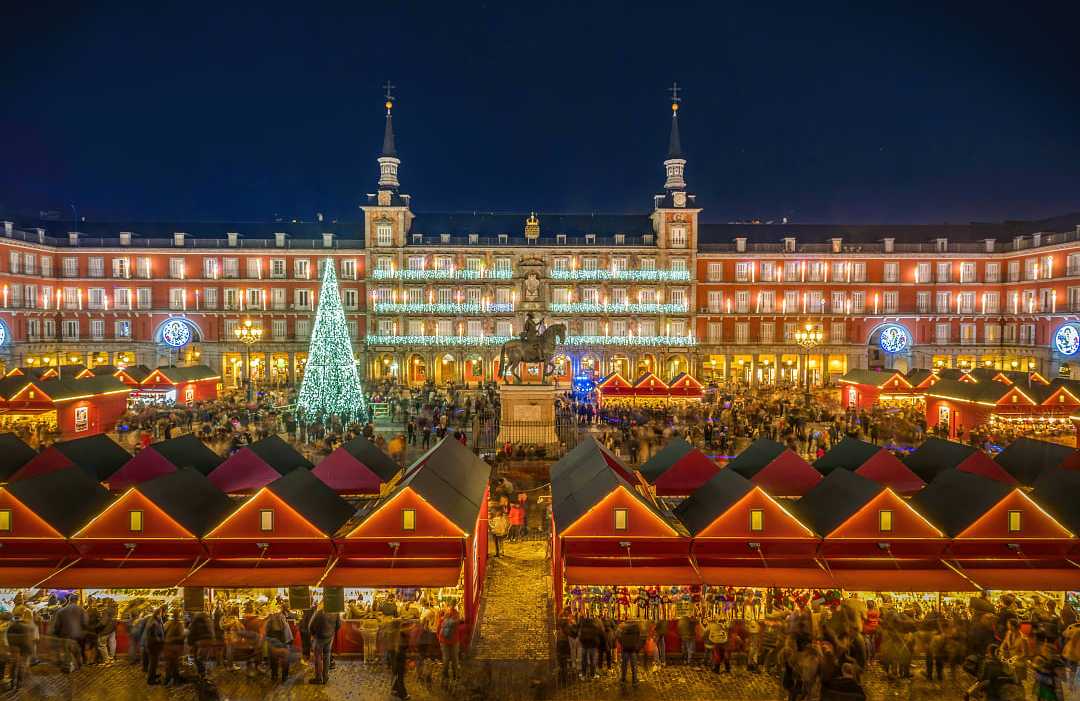 Christmas market at Plaza Mayor in Madrid, Spain